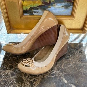 Tory Burch Nude Patent Leather Wedge Pumps with Gold Logo